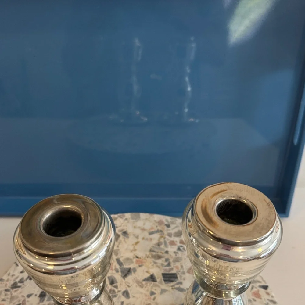 Mercury Glass Turned Style Antique Inspired Candle Sticks (2)